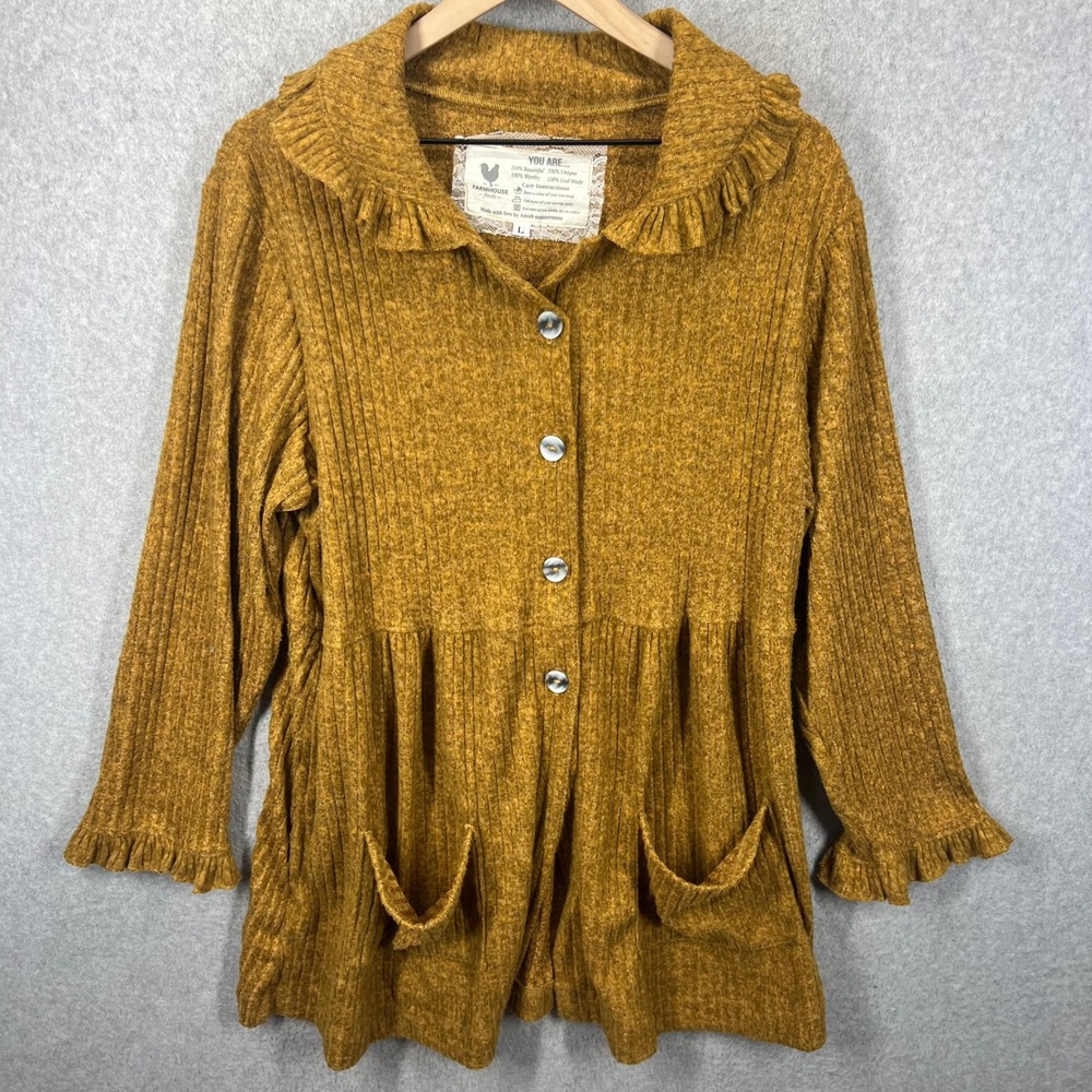 Farmhouse Frocks Cardigan Womens L Mustard Yellow Ruffle Ribbed Knit Button EUC